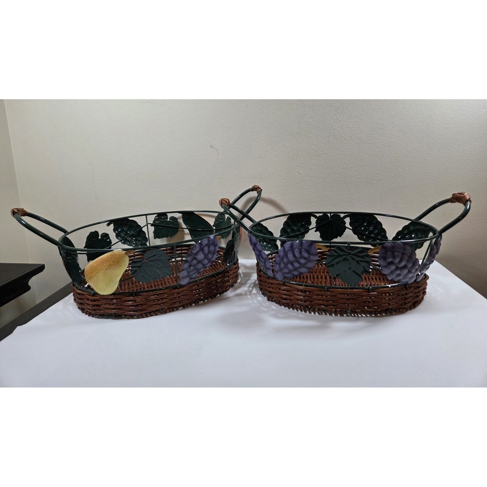 Vtg Pair Metal & Wicker Nesting Baskets W/Fruit Detail & Handles Oval Shape - Picture 2 of 8